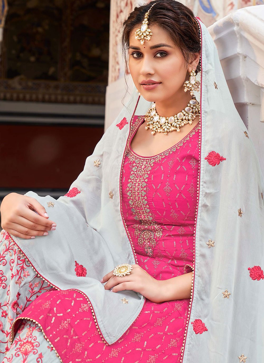 Salwar Suit Chinon Pink Embroidered Salwar Kameez