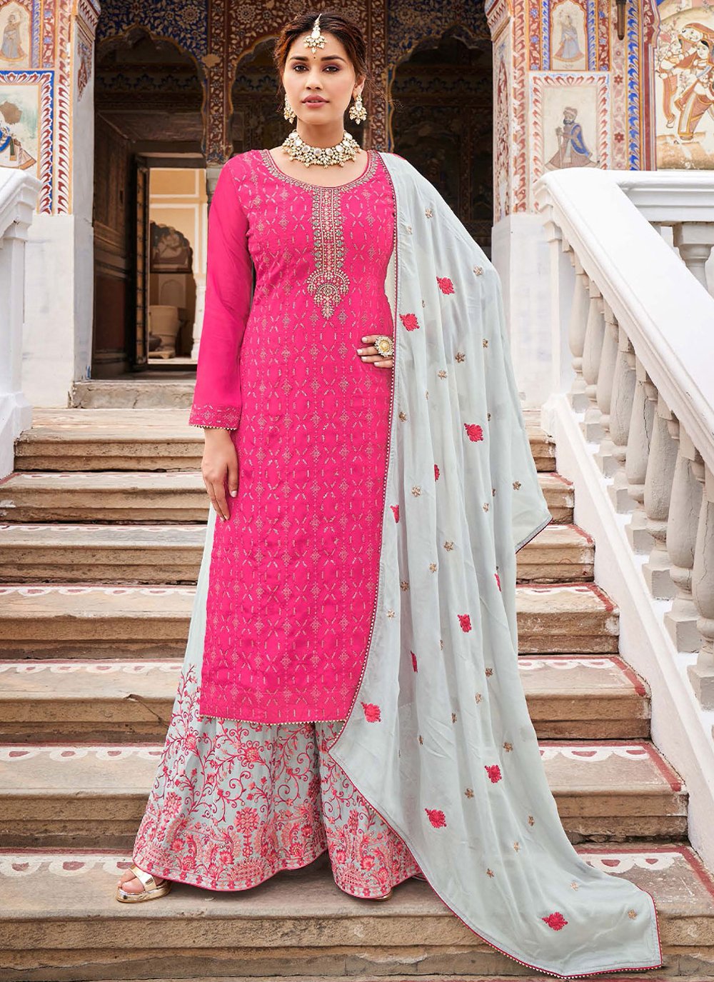 Salwar Suit Chinon Pink Embroidered Salwar Kameez