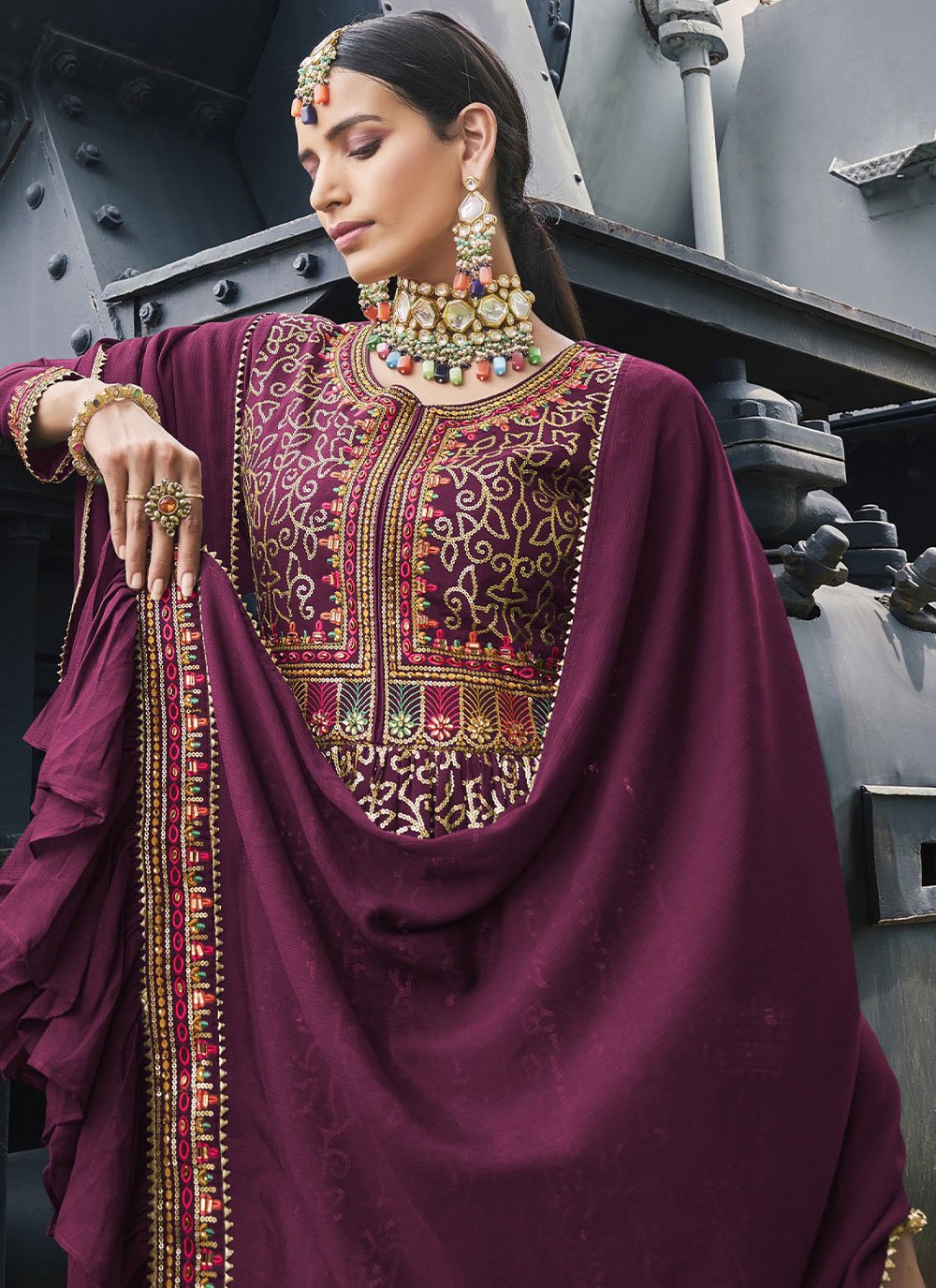 Salwar Suit Chinon Purple Embroidered Salwar Kameez