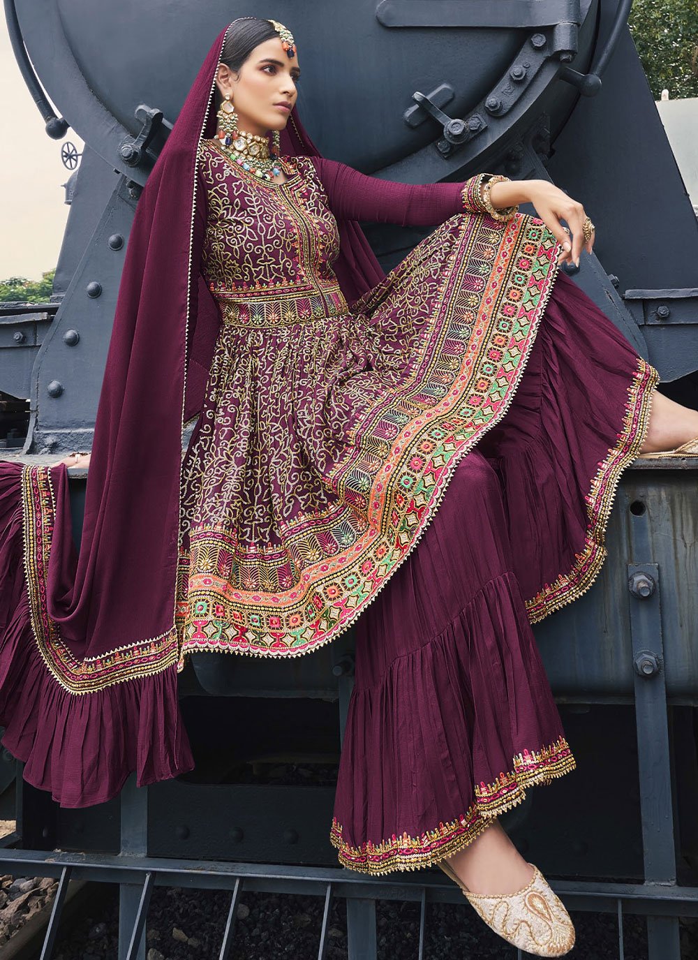 Salwar Suit Chinon Purple Embroidered Salwar Kameez