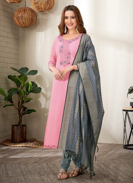 Churidar Suit Chanderi Pink Embroidered Salwar Kameez