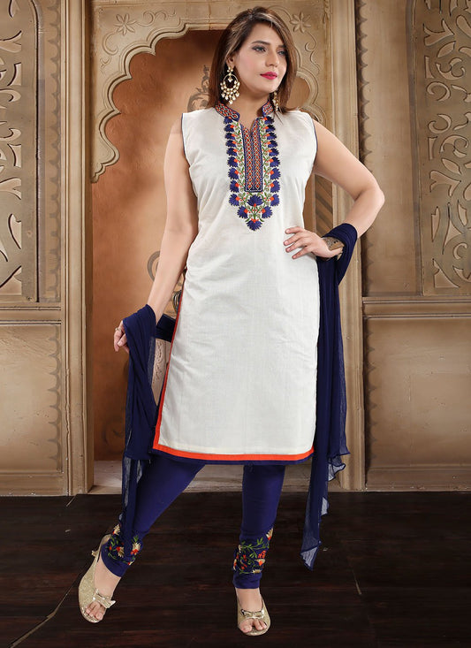 Churidar Suit Chanderi Silk White Embroidered Salwar Kameez