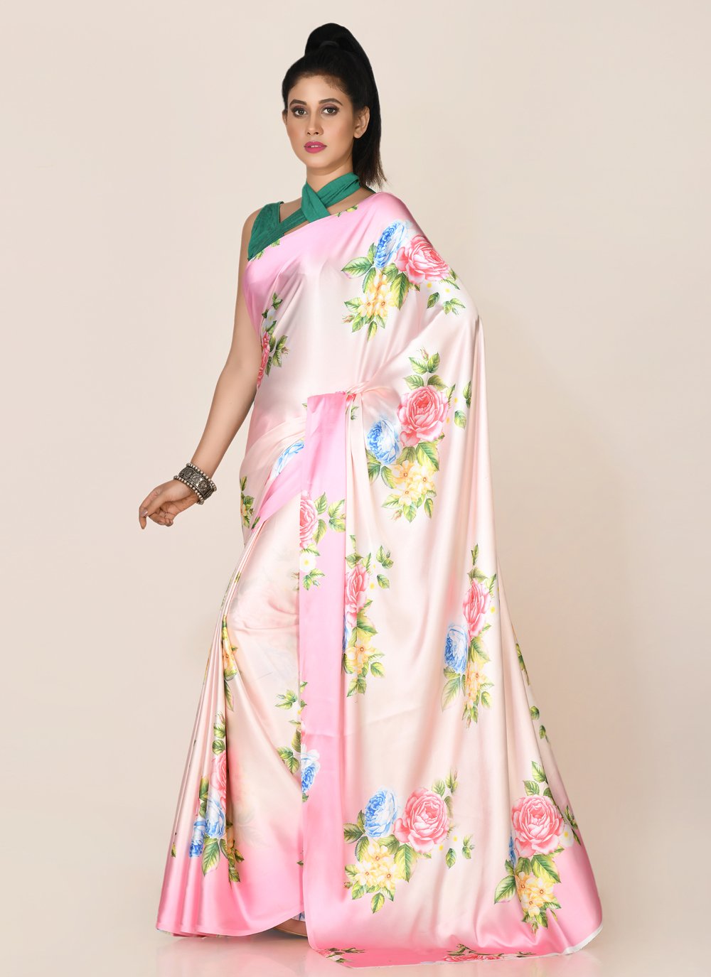 Designer Satin Pink Digital Print Saree