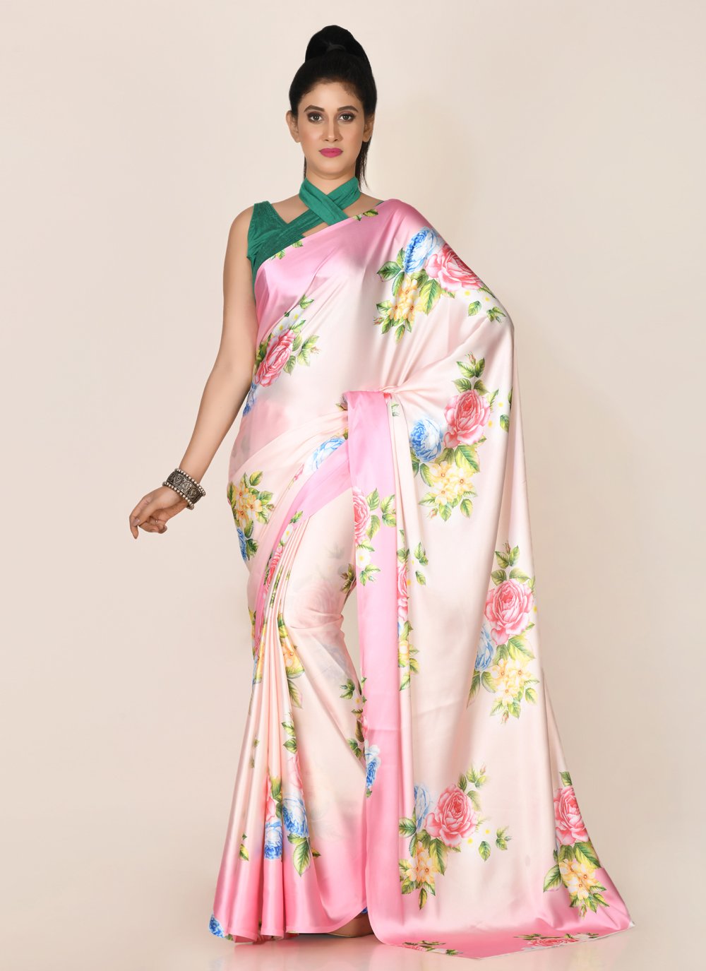 Designer Satin Pink Digital Print Saree