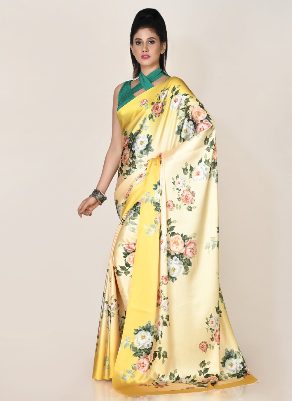 Designer Satin Yellow Digital Print Saree