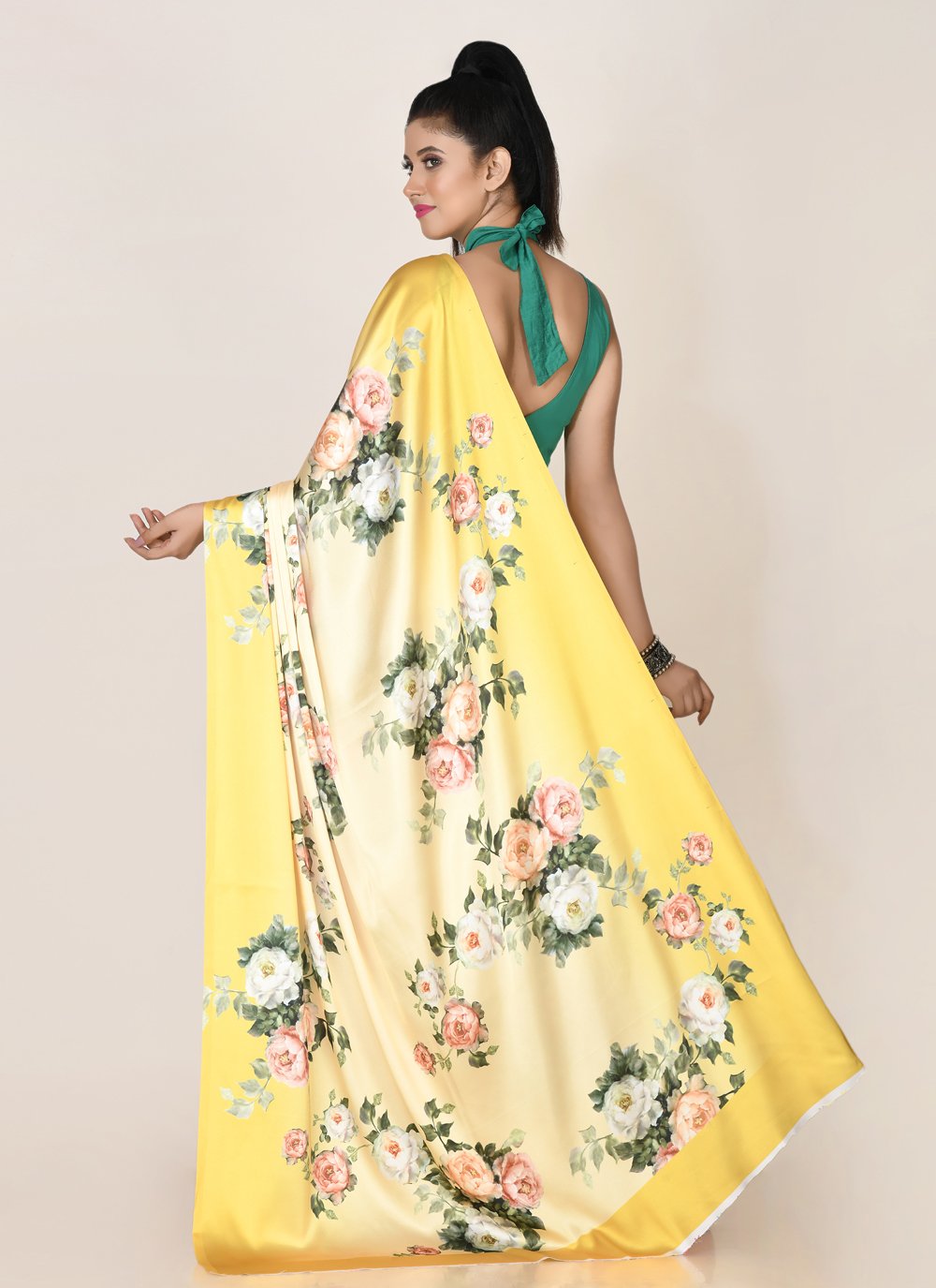 Designer Satin Yellow Digital Print Saree