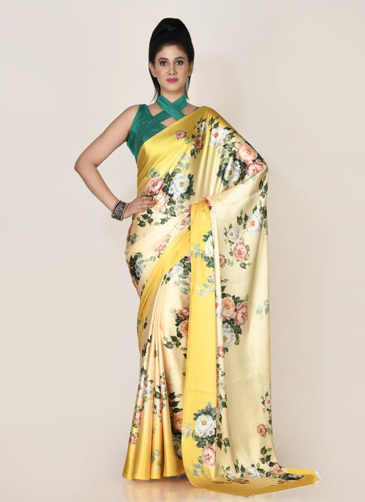 Designer Satin Yellow Digital Print Saree