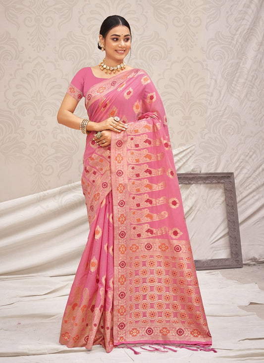 Designer Cotton Silk Pink Embroidered Saree