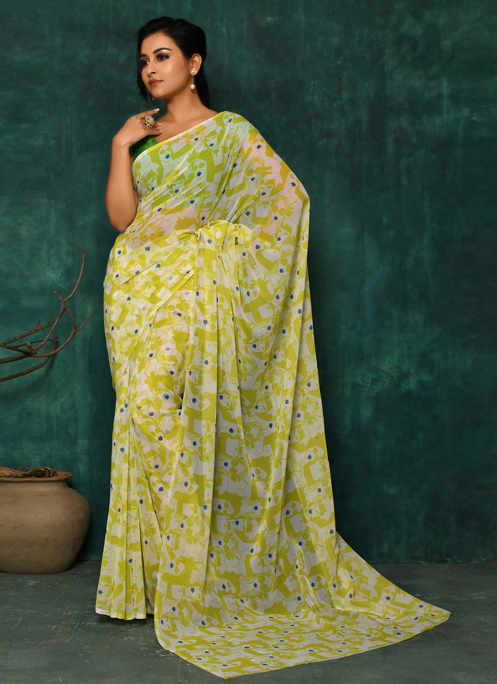 Designer Faux Georgette Green Digital Print Saree