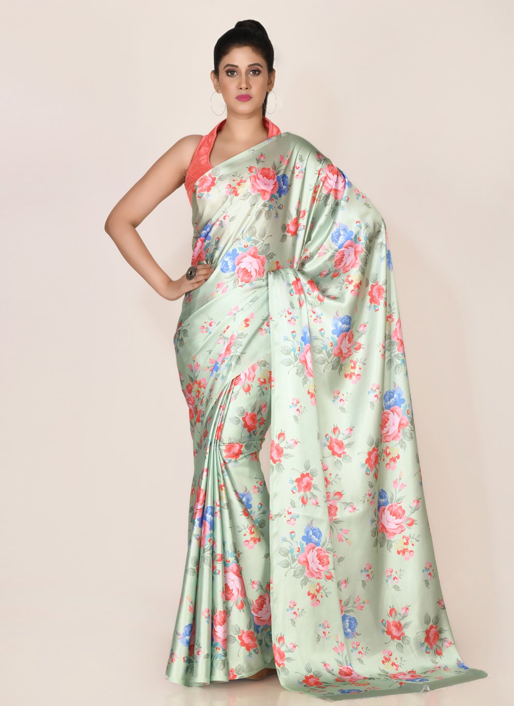 Designer Satin Green Digital Print Saree