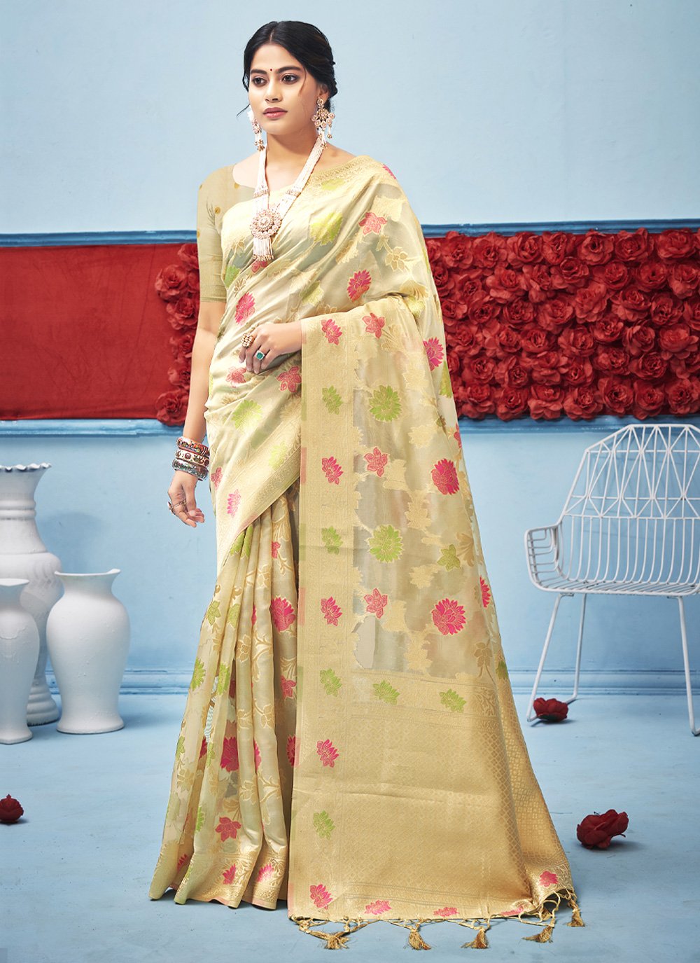 Designer Organza Cream Fancy Work Saree