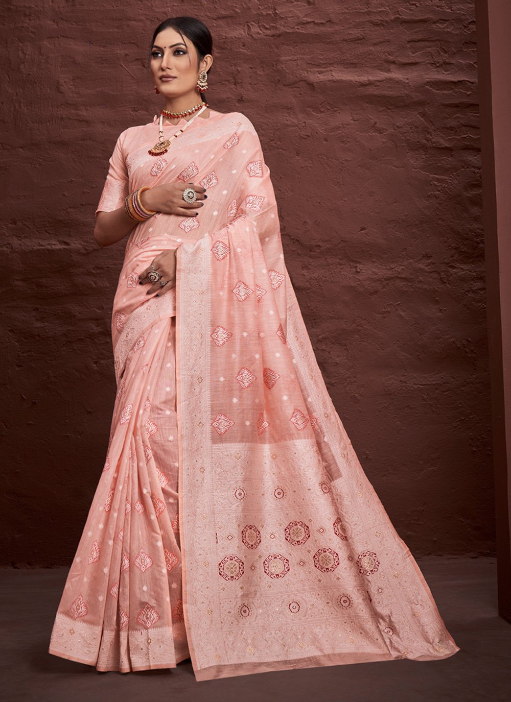 Designer Cotton Pink Embroidered Saree