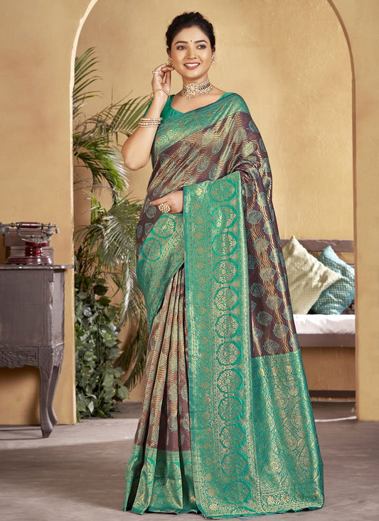 Designer Silk Brown Green Embroidered Saree