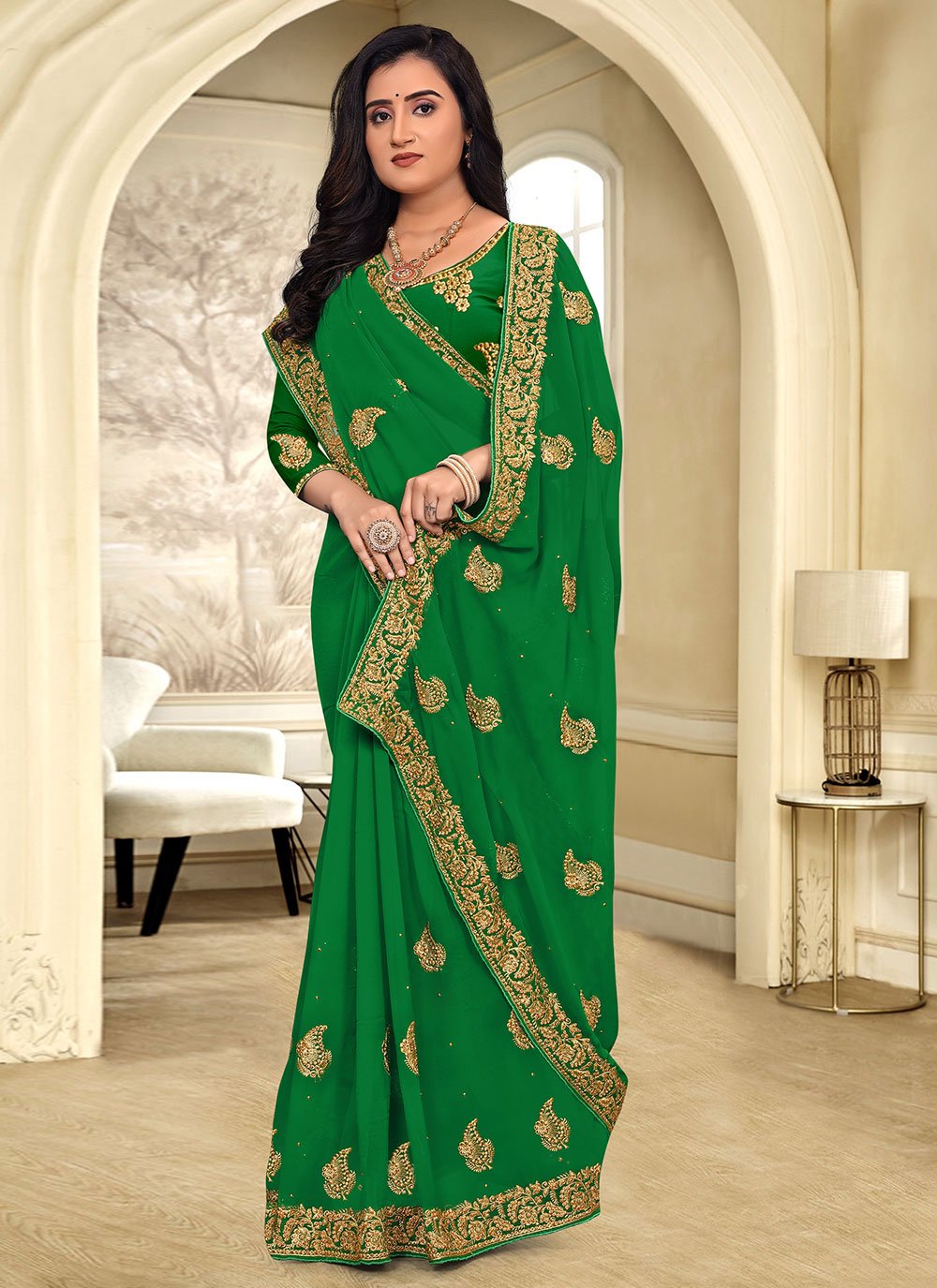 Designer Georgette Green Stone Saree