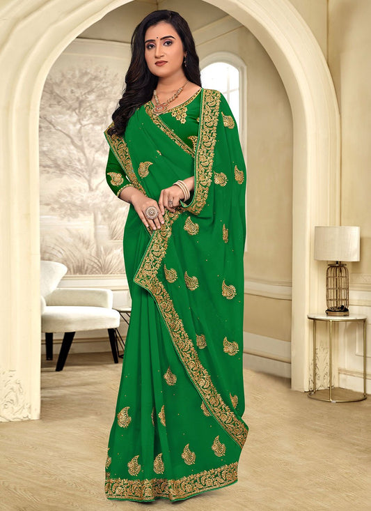 Designer Georgette Green Stone Saree