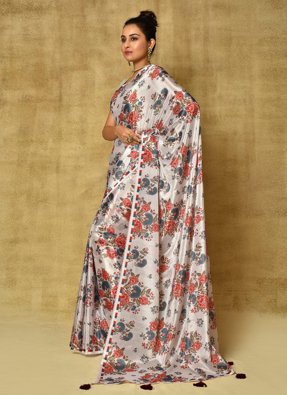 Designer Chinon Off White Digital Print Saree