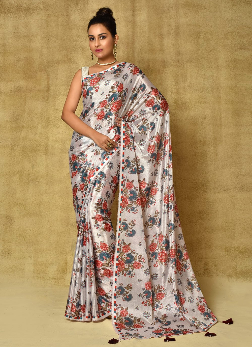 Designer Chinon Off White Digital Print Saree