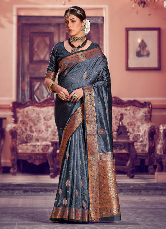 Designer Banarasi Silk Grey Weaving Saree