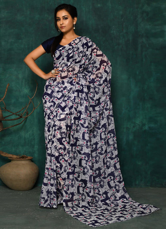 Designer Faux Georgette Blue Digital Print Saree