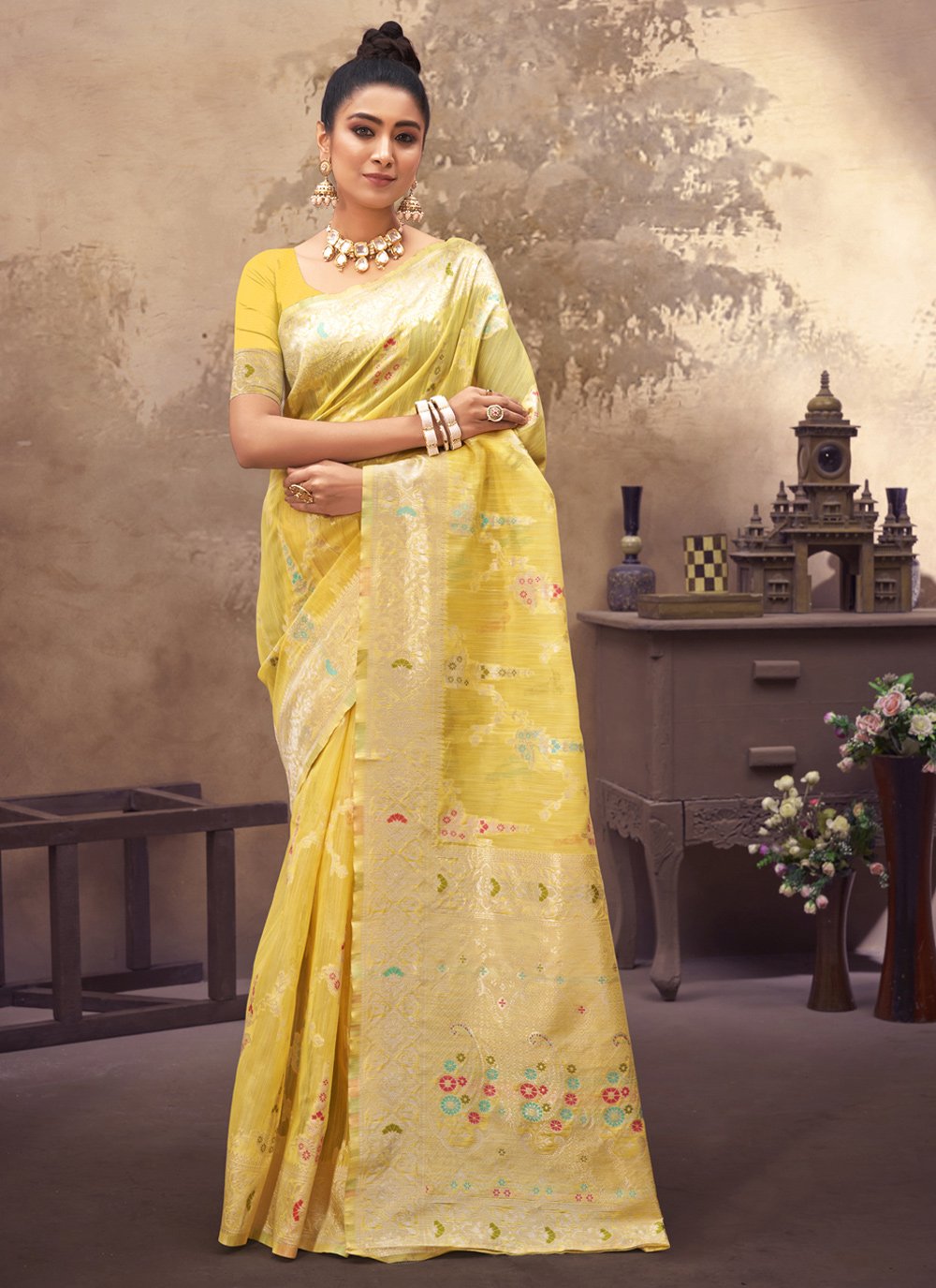 Designer Cotton Silk Yellow Embroidered Saree
