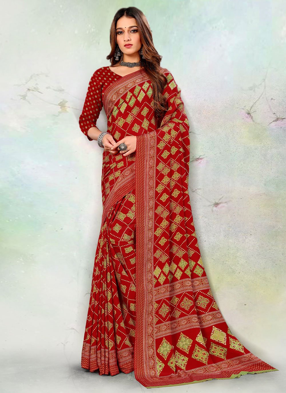 Designer Pure Crepe Red Print Saree