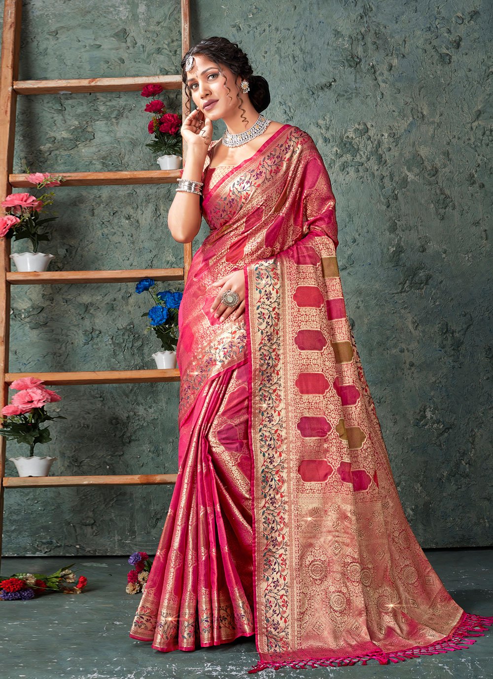 Designer Organza Magenta Weaving Saree