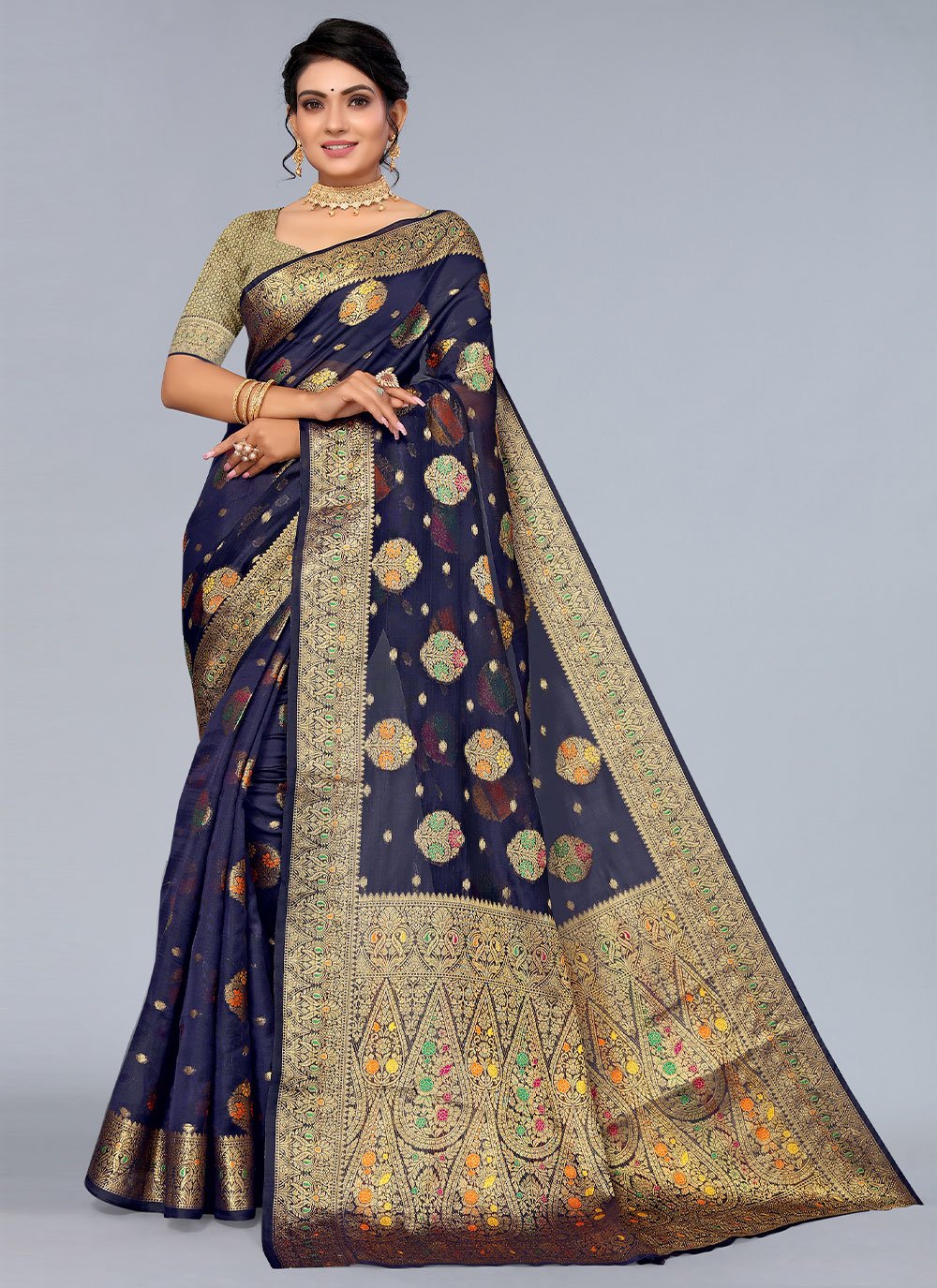 Designer Organza Blue Woven Saree