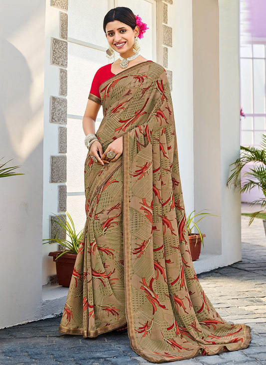 Classic Georgette Beige Fancy Work Saree