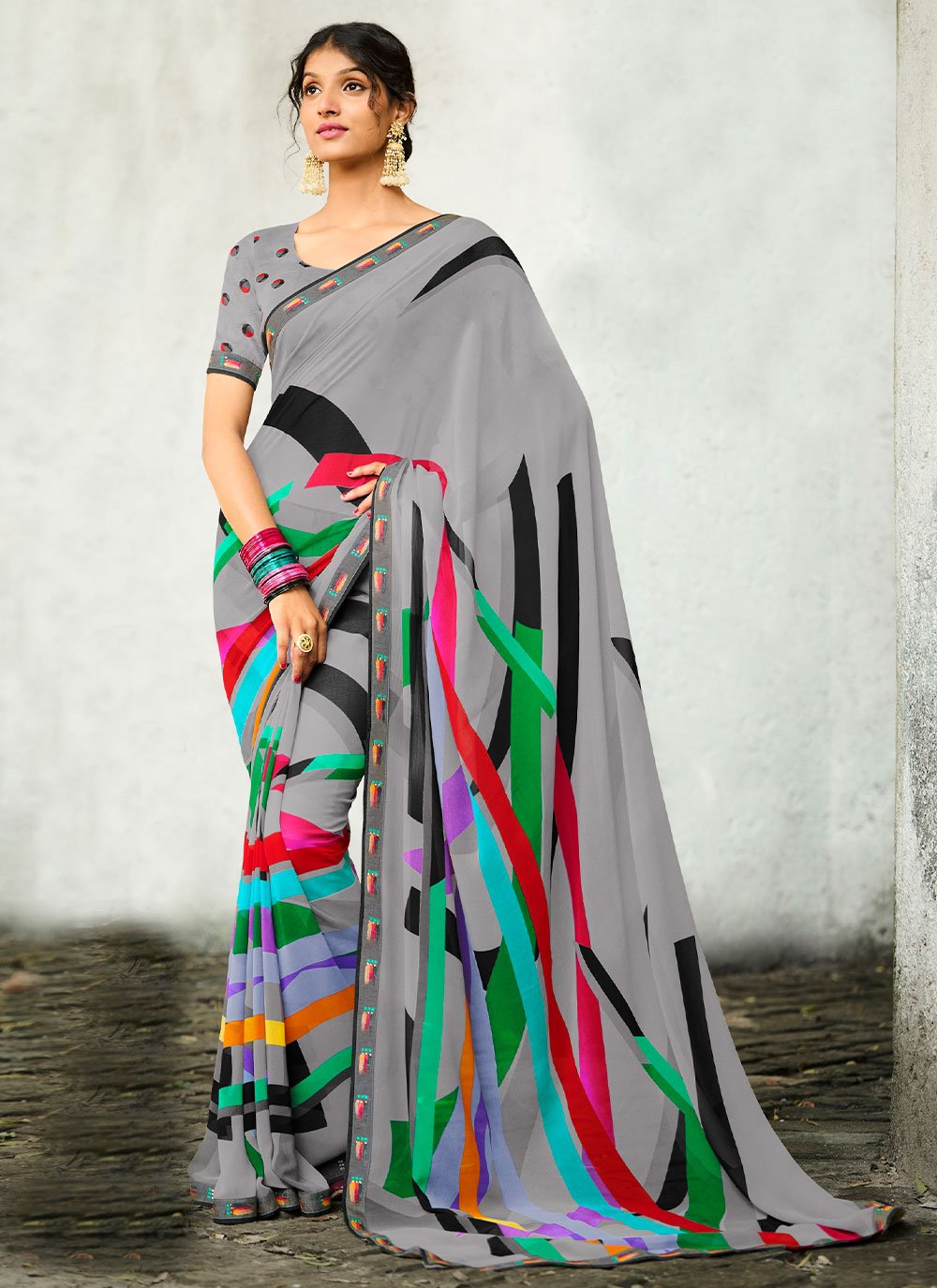 Classic Georgette Grey Lace Saree