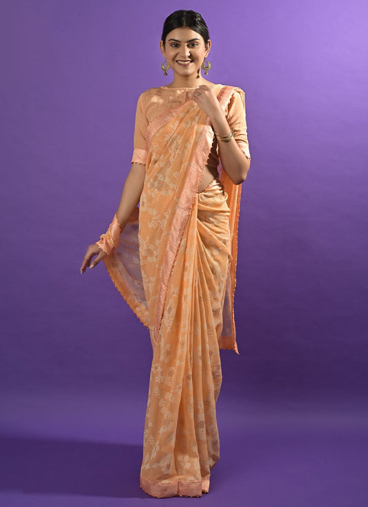 Classic Georgette Orange Patch Border Saree