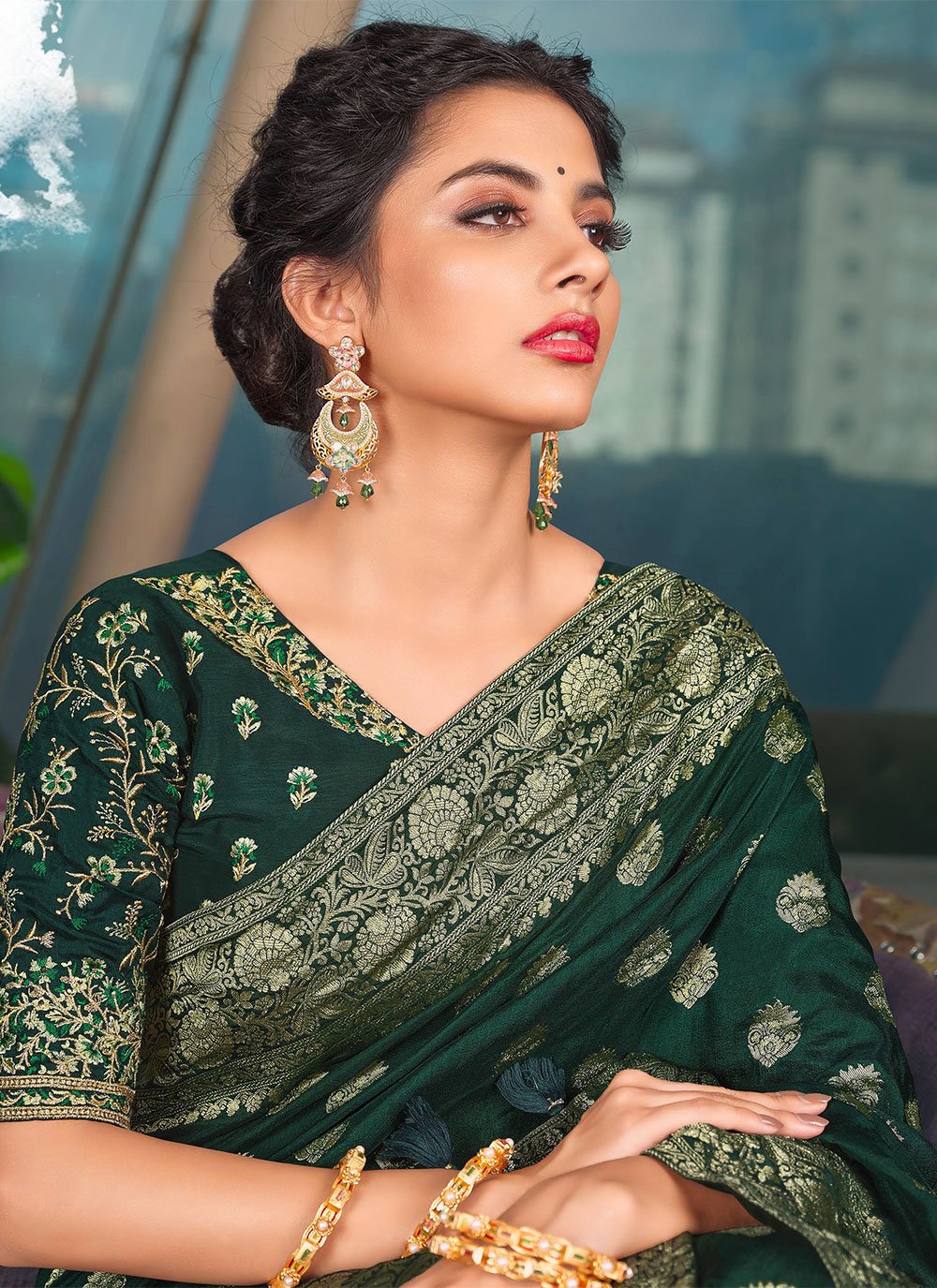 Classic Pure Dola Silk Green Embroidered Saree