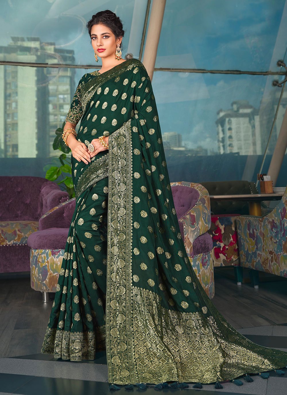 Classic Pure Dola Silk Green Embroidered Saree