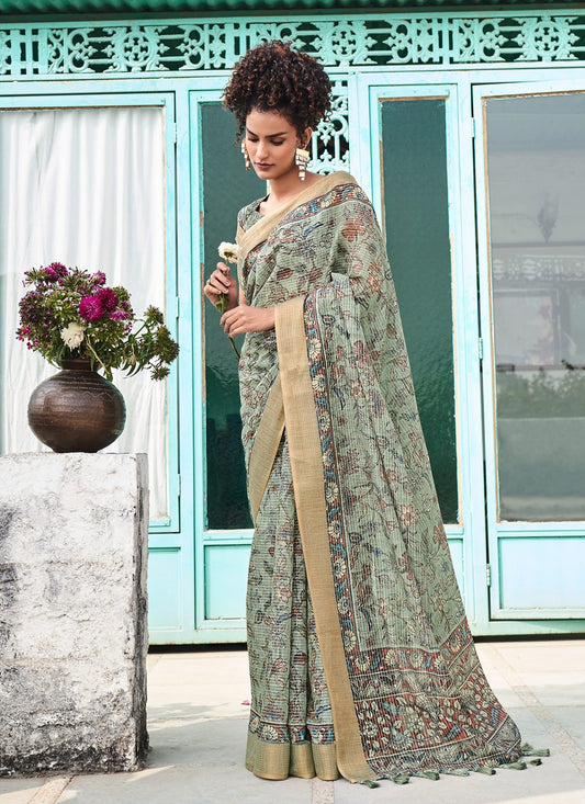 Classic Linen Green Digital Print Saree