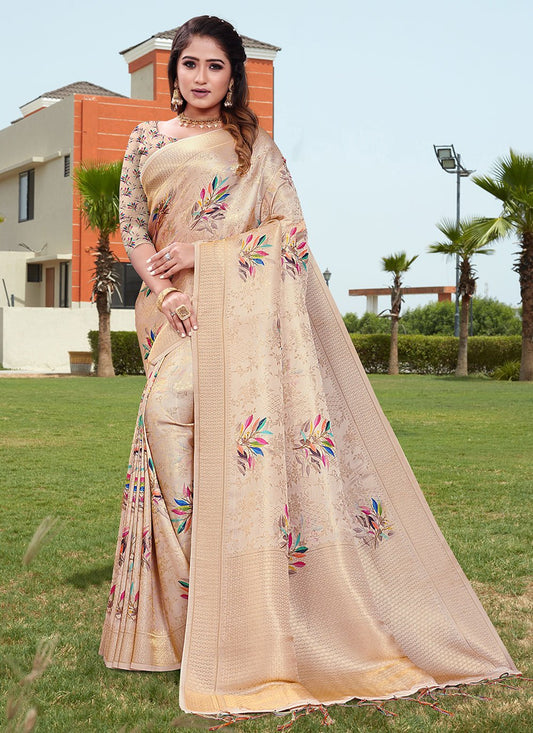 Classic Silk Beige Digital Print Saree