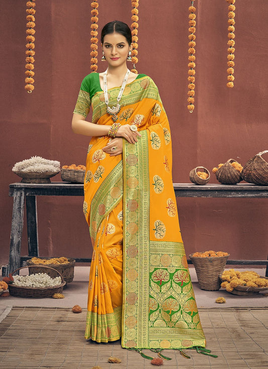 Classic Banarasi Silk Yellow Embroidered Saree