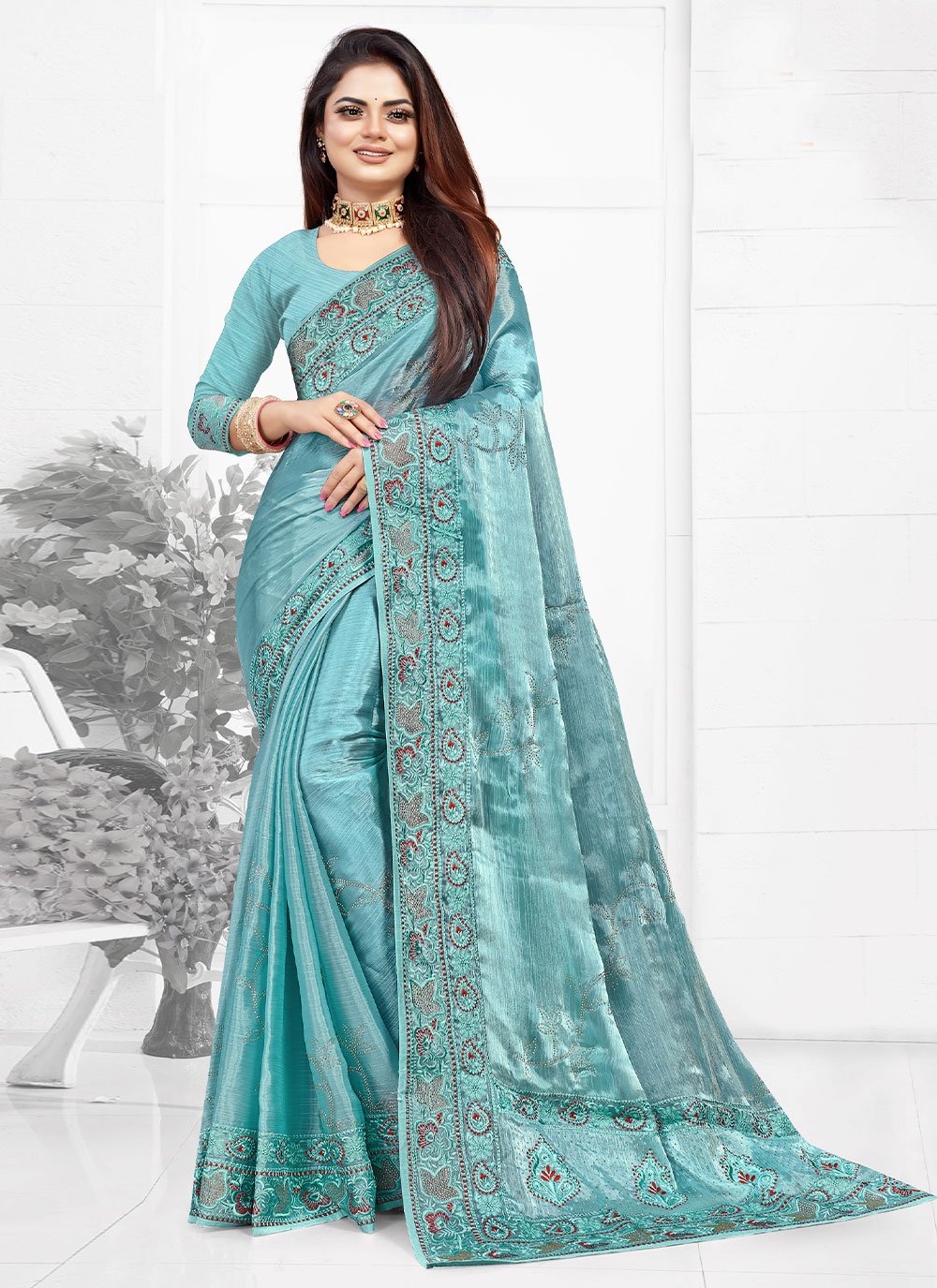 Classic Chiffon Turquoise Embroidered Saree