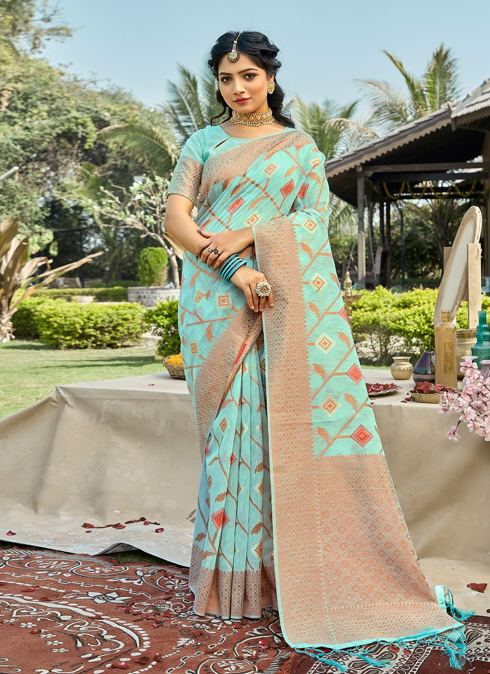 Classic Cotton Sea Green Embroidered Saree