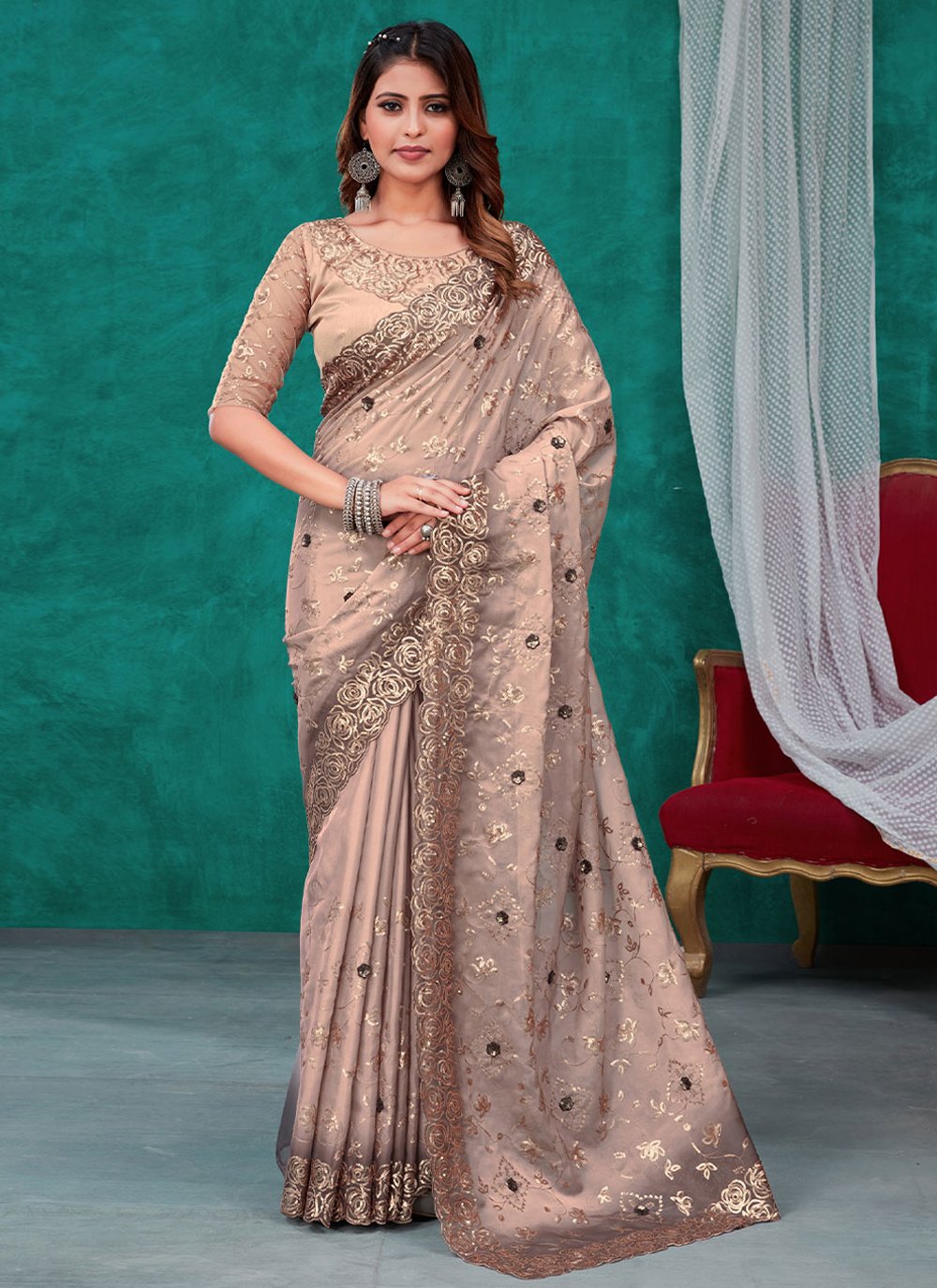 Classic Organza Brown Embroidered Saree