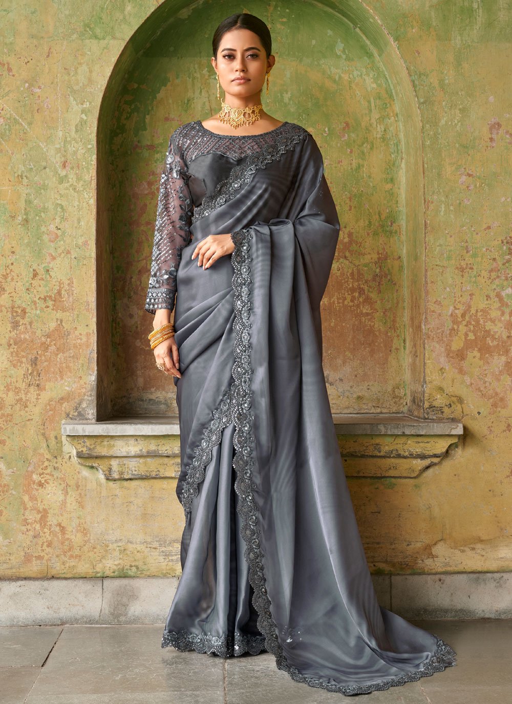 Classic Satin Grey Embroidered Saree