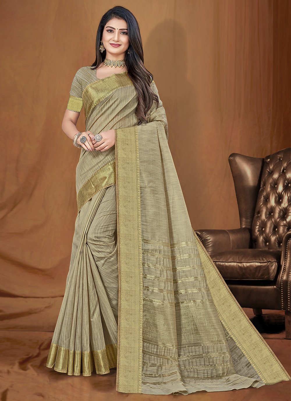 Classic Cotton Silk Grey Fancy Work Saree