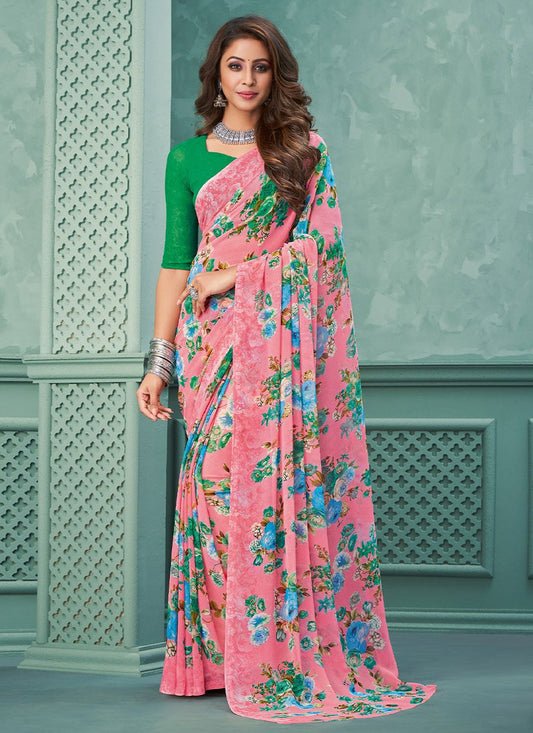 Classic Georgette Pink Floral Patch Saree