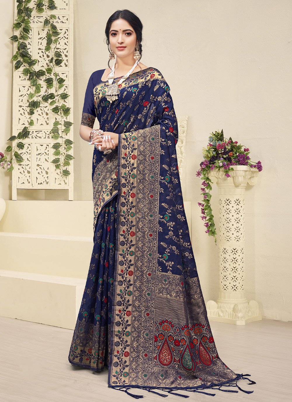 Classic Cotton Blue Embroidered Saree