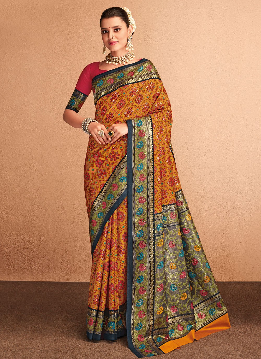 Classic Silk Mustard Foil Print Saree