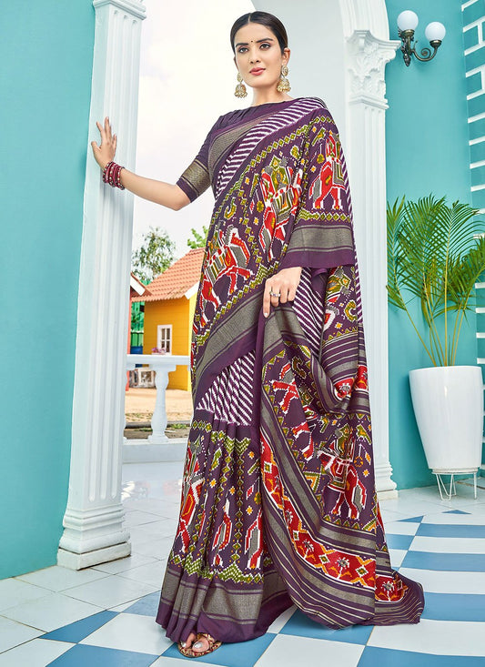 Classic Silk Purple Foil Print Saree