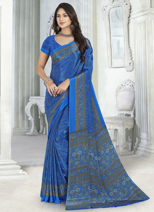 Classic Faux Crepe Blue Print Saree