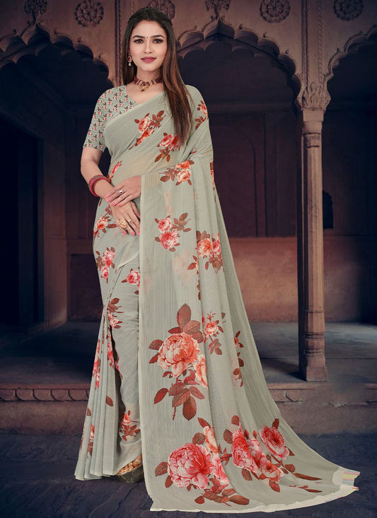 Classic Georgette Grey Digital Print Saree