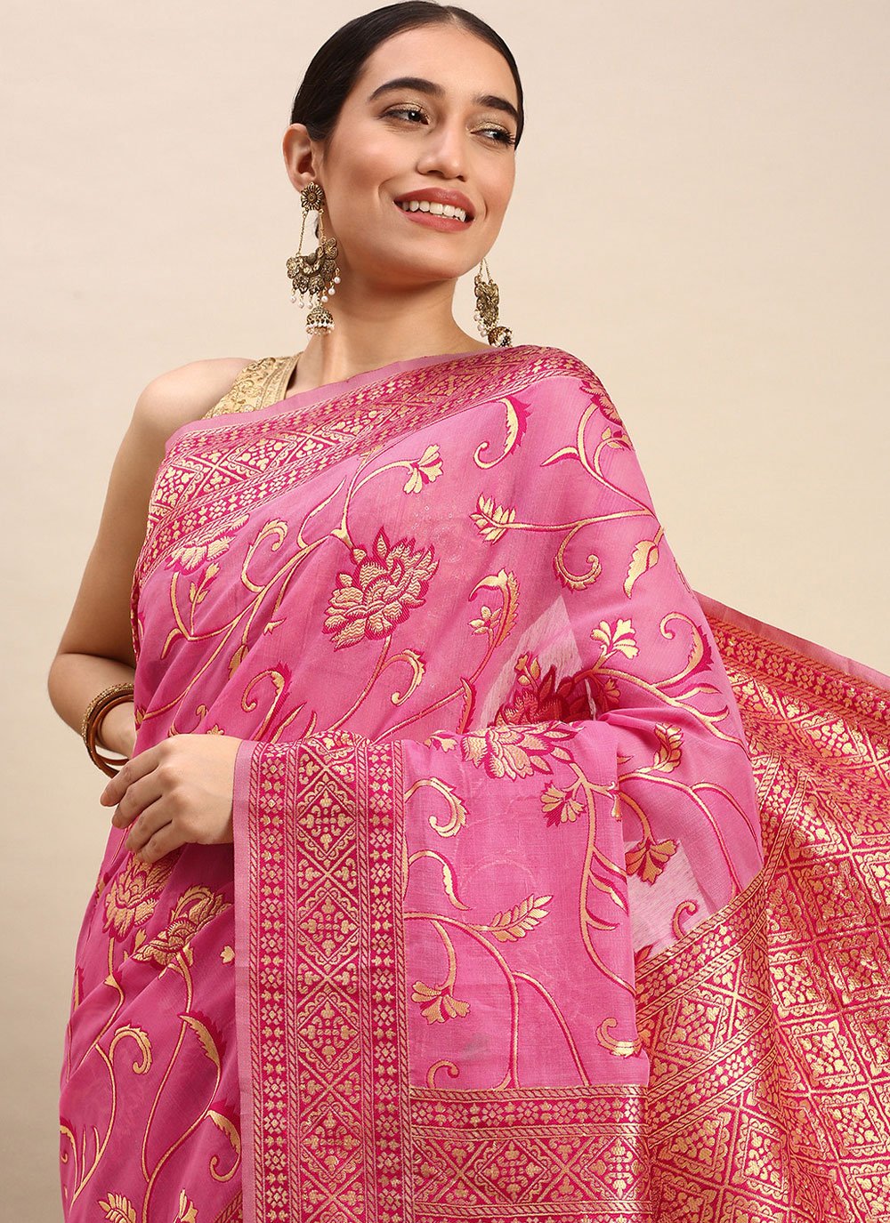 Classic Soft Cotton Pink Weaving Saree