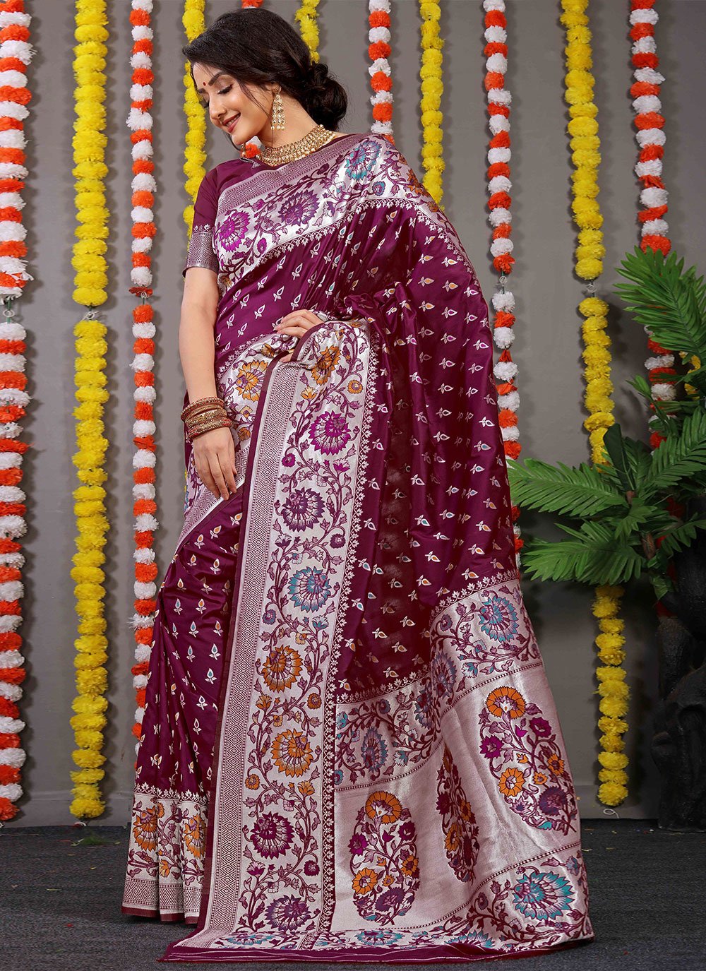 Classic Banarasi Silk Wine Jacquard Work Saree