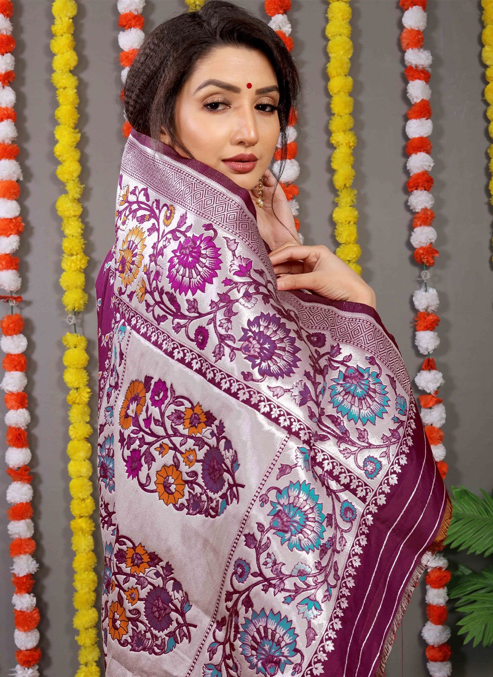 Classic Banarasi Silk Wine Jacquard Work Saree