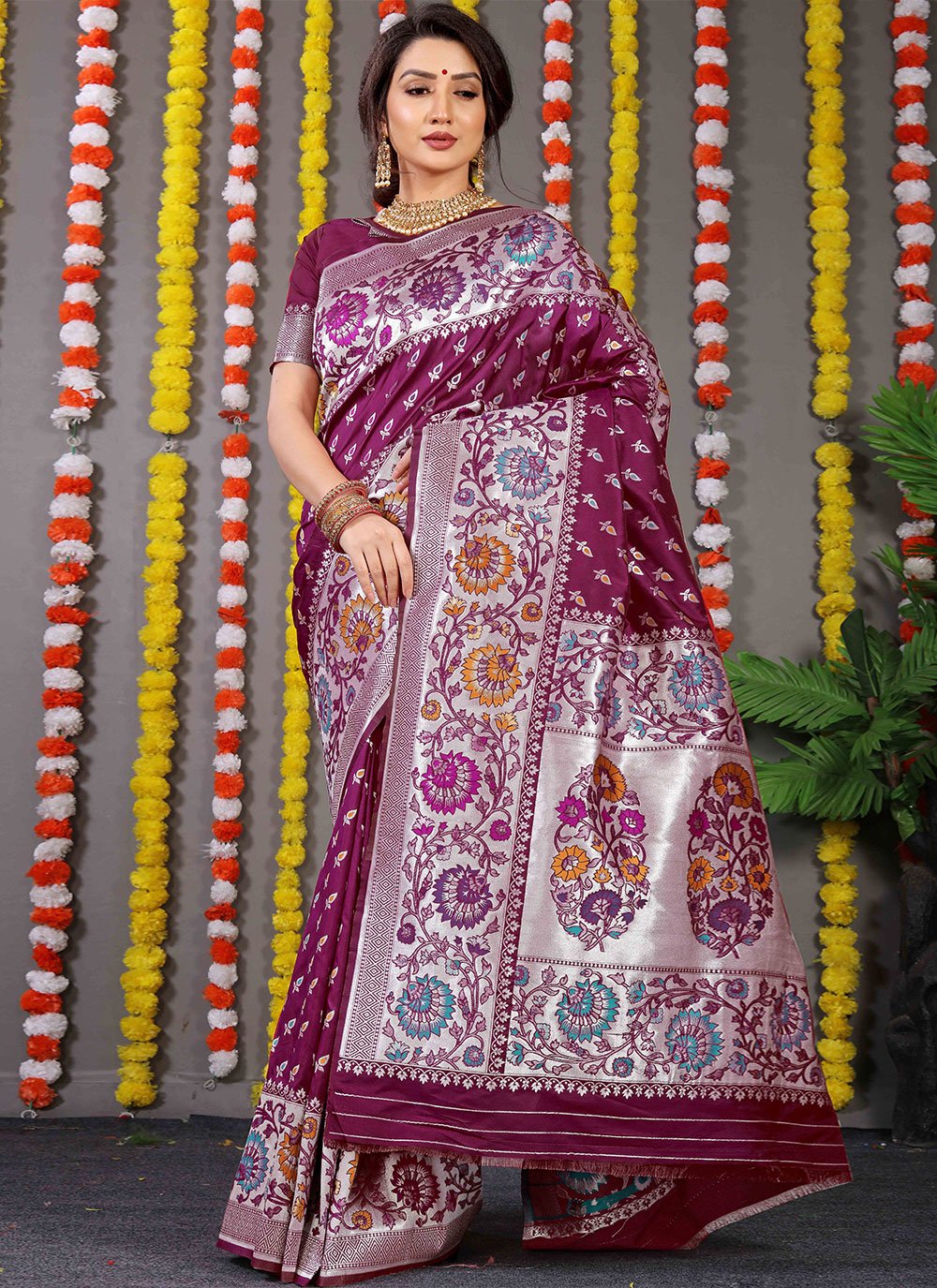 Classic Banarasi Silk Wine Jacquard Work Saree